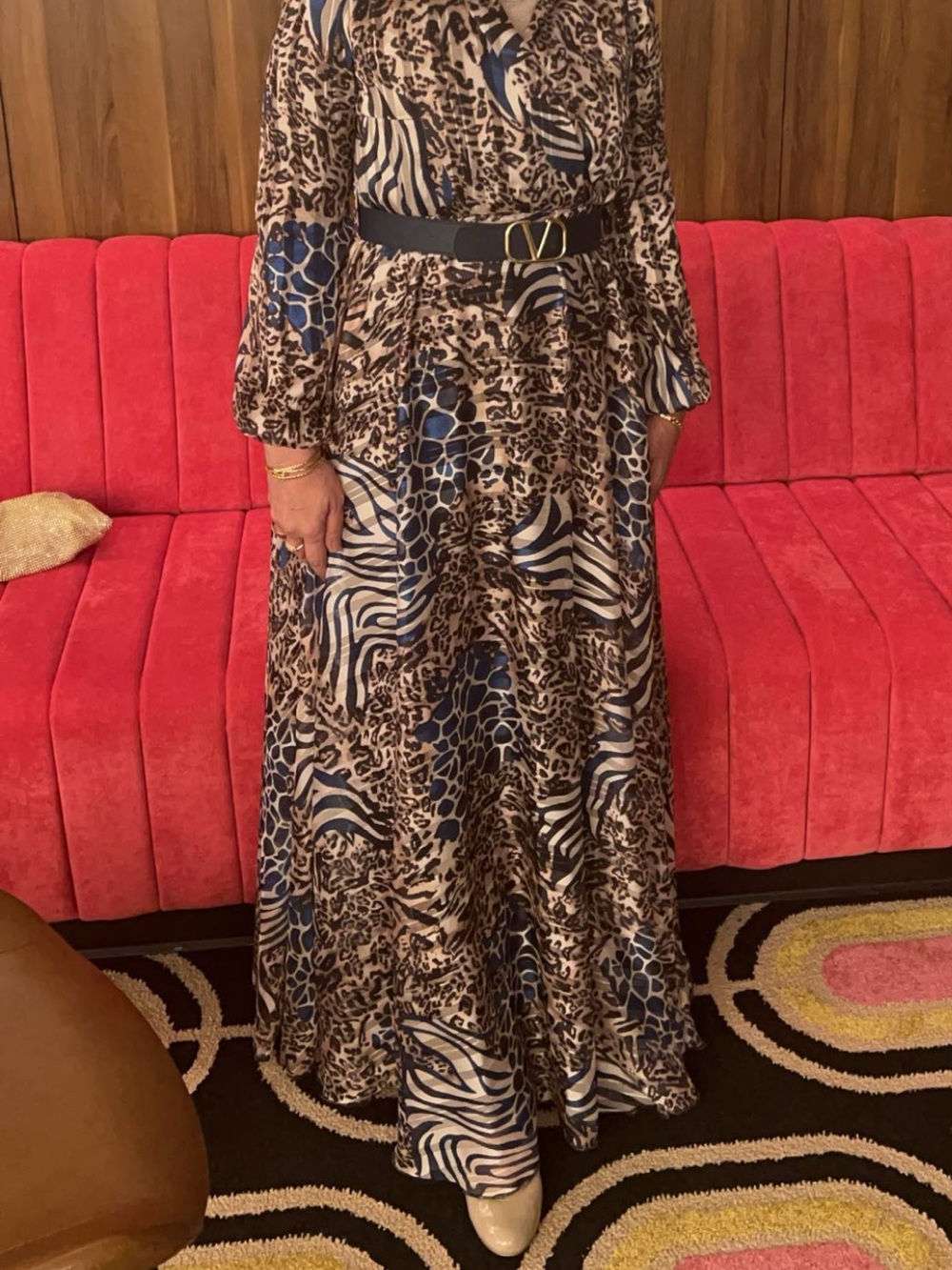 Women's Blue and Brown Animal Print Maxi Dress